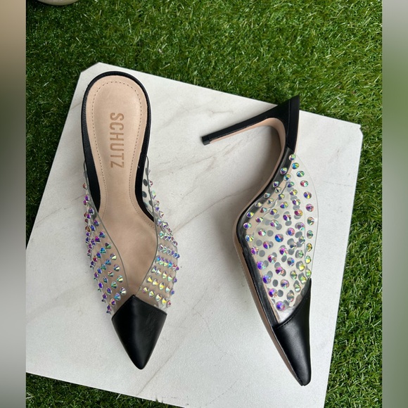 Schutz Greece Crystal Clear
Leather Mule Pumps Black/Transparente size 6.5 new - Picture 5 of 15
